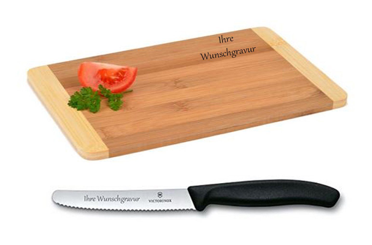 + – Victorinox-Messer mit Namensgravur Frühstücksbrett schwarz Frühstücksbrett Geschenkset,