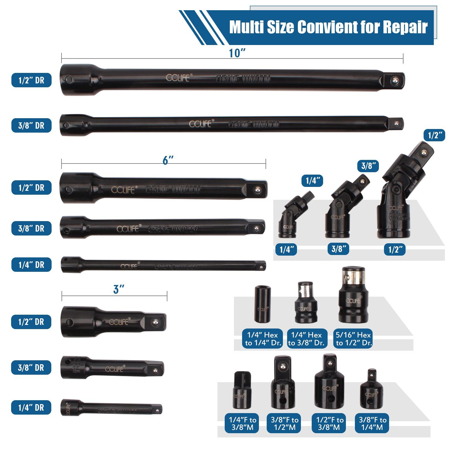 CCLIFE Steckschlüssel Steckschlüssel Verlängerung Satz 1/4' 3/8' 1/2' Ratsche Knarre