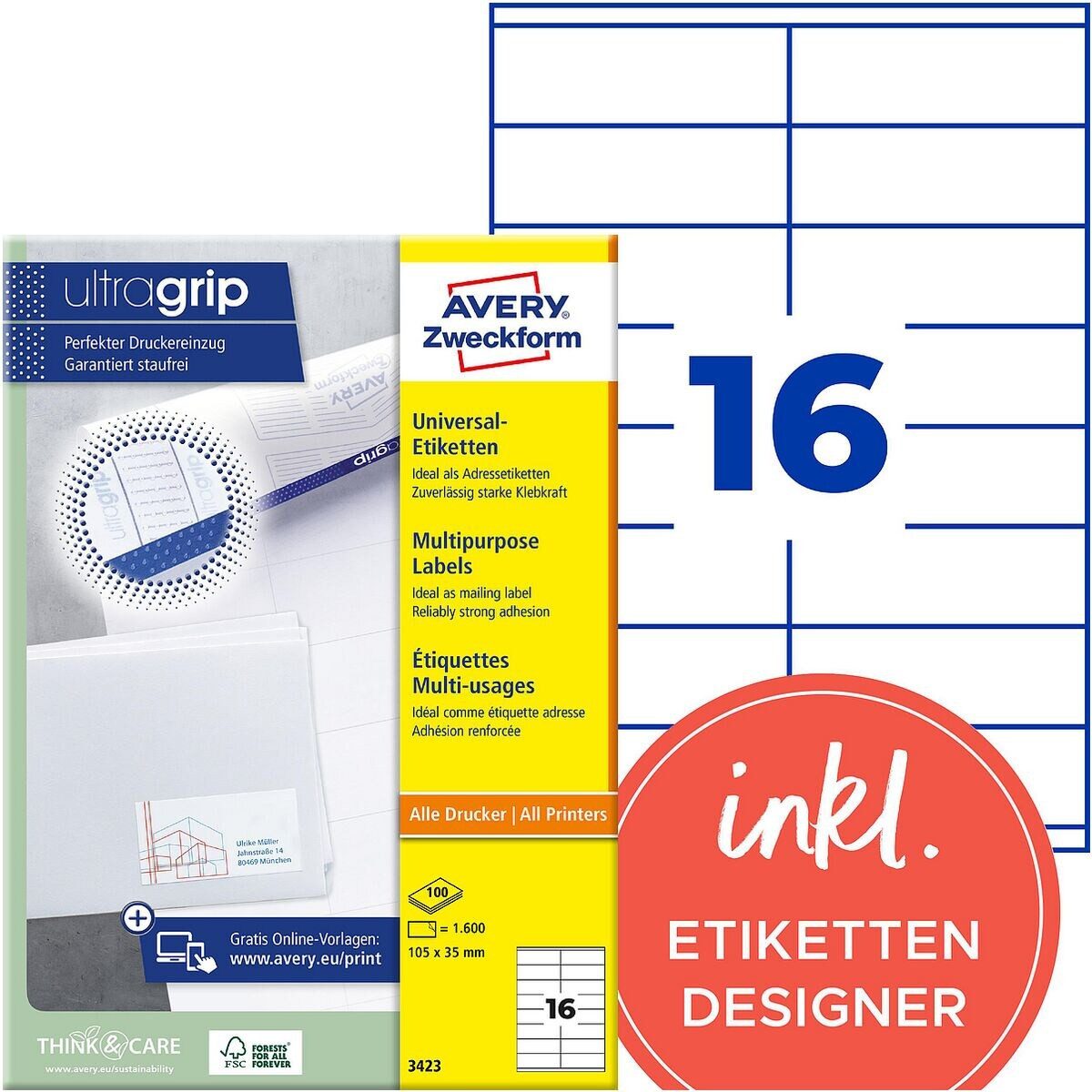 Avery Zweckform Etiketten 3423, 1600 Stück, Adresse universal (105x35 mm), selbstklebend
