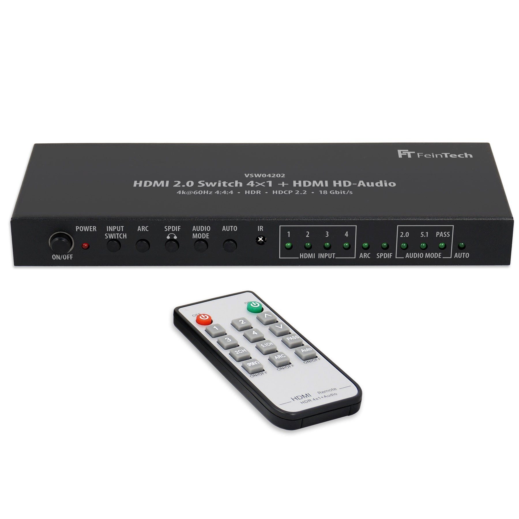 FeinTech HDMI-Splitter VSW04202 HDMI-Switch 4K 60Hz 4 In 1 Out + HDMI-Audio Out, extrahiert HD-Audio & Dolby Atmos
