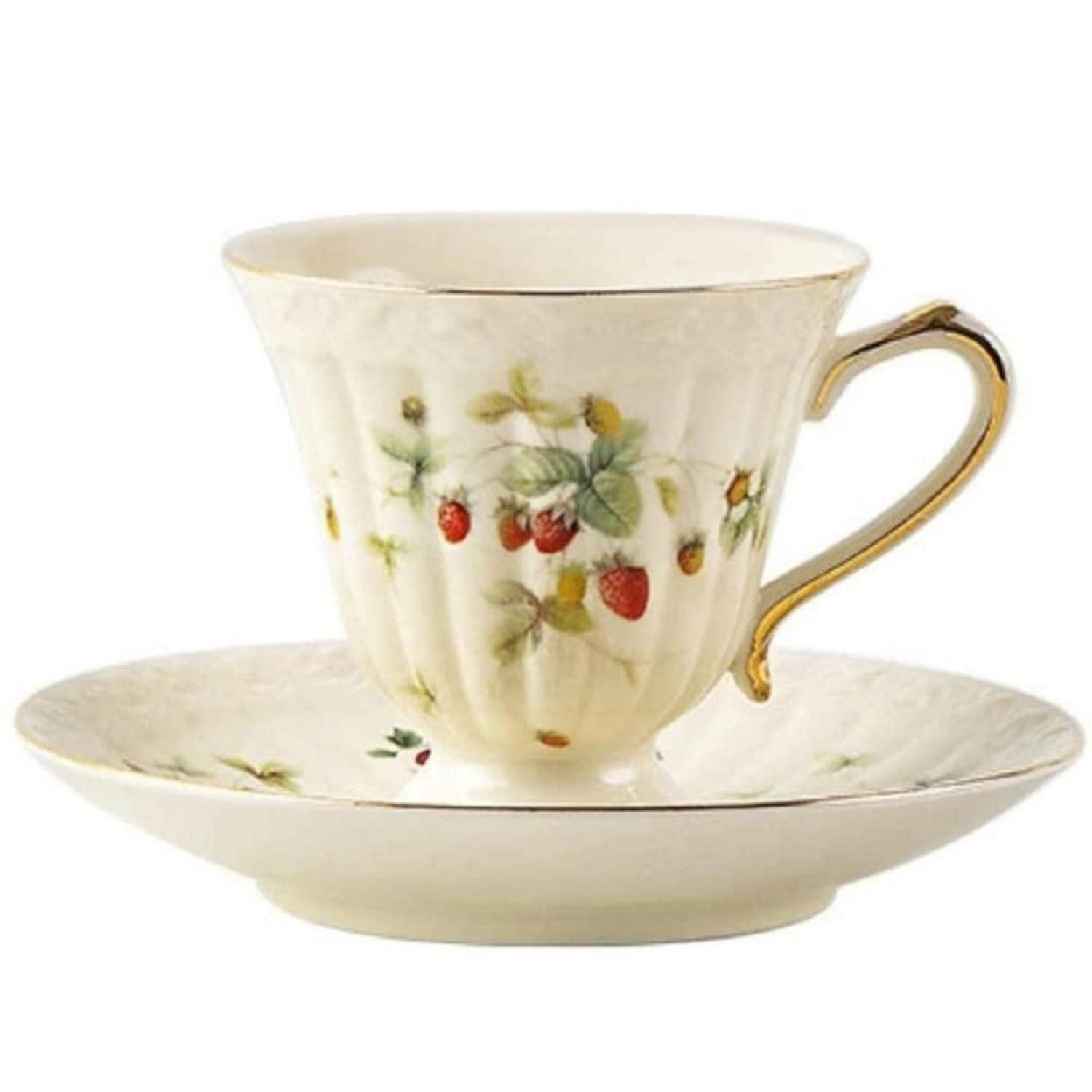 LuxusKollektion Kaffeeservice Kaffeetasse Set mit Untertasse 150ml Erdbeere Goldrand, Keramik