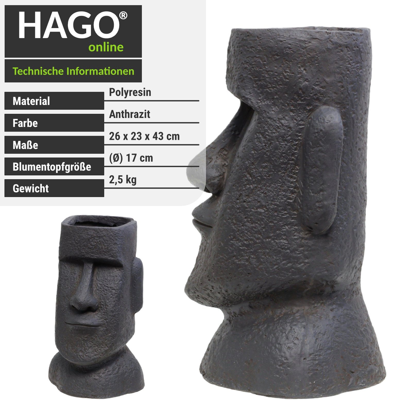 HAGO Buddhafigur Osterinsel Eye-Catcher Blickfang Anthrazit Mystisch Moai Outdoor Blumentopf