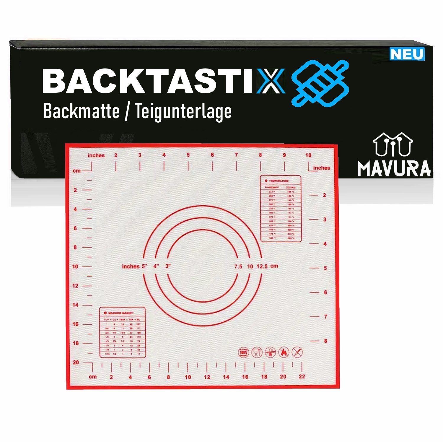 MAVURA Backmatte BACKTASTIX Teigunterlage Teigmatte Backen, Matte Fiberglas Backpapier Rollmatte Ausrollmatte 30x25cm