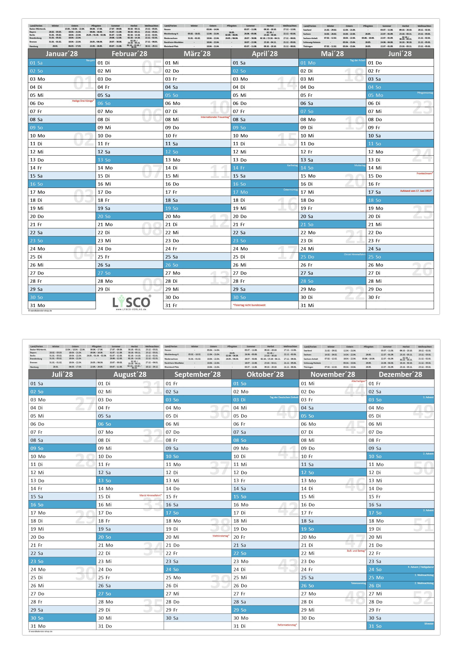 LYSCO Tischkalender Tafelkalender 2028 - DIN A3 / A4 / A5 300g Papier, Tafelkalender für das Jahr 2028 in verschiedenen Stückzahlen und Formaten, sehr gut beschreibbar