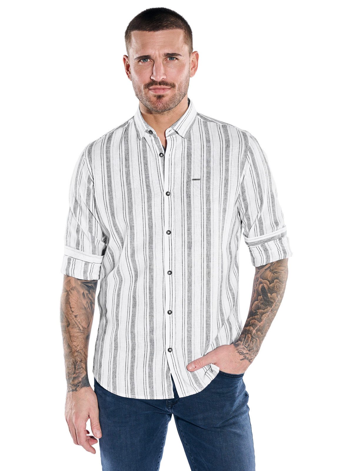 emilio adani Langarmhemd Herren Hemd mit Streifenmuster, Naturweiss