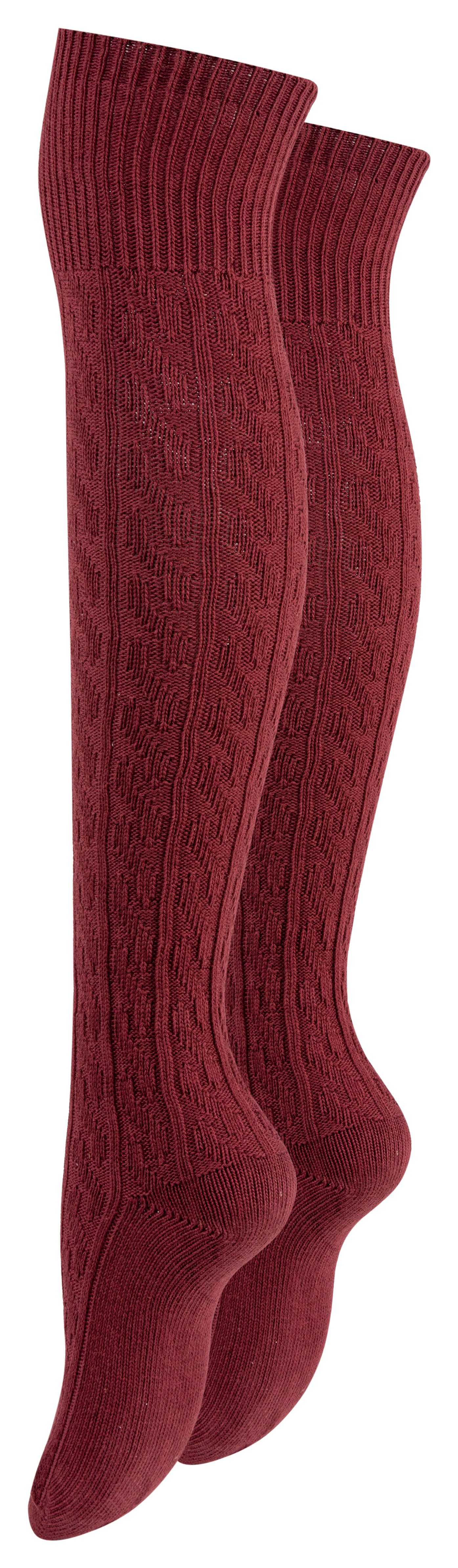 Paolo Renzo Overknees mit Zopfmuster aus hochwertiger Baumwolle (1-Paar, breiter Pique-Komfortbund) Atmungsaktive Damen Overknee Strümpfe - Uni - Einheitsgröße Bordeaux-Rot | Beinstulpen