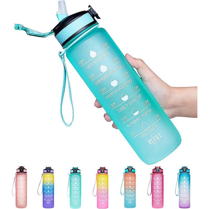 Mmgoqqt Trinkflasche 1 Litre Wasserflasche mit Strohhalm Kostenlose Krüge mit Zeitmarkierungen Erinnerung an die Trinkzeit für Sport Fahrrad Yoga Wandern und Camping