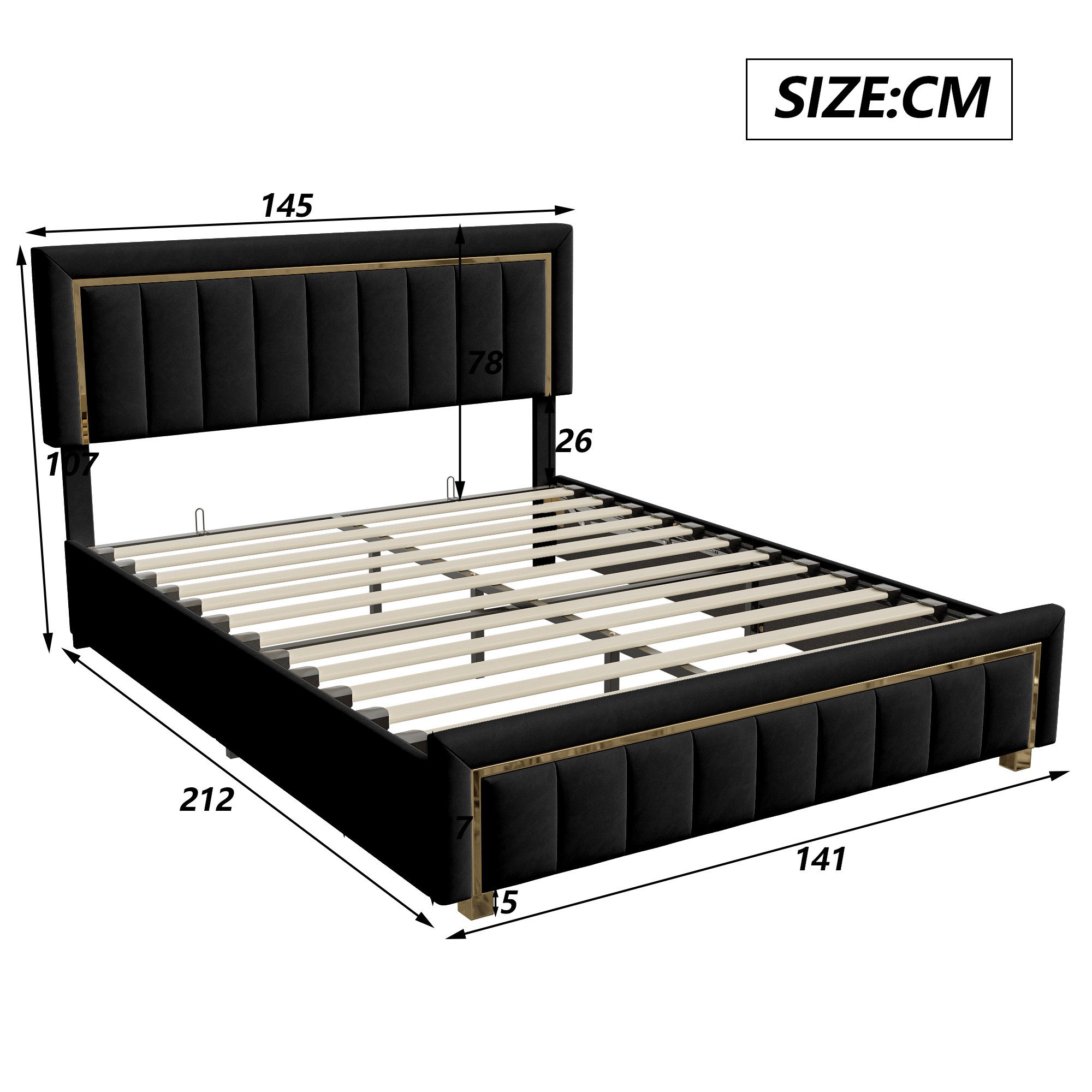 PXloue Stauraumbett Elegantes Polsterbett mit goldenen Akzenten und gepolstertem Kopfteil, Luxuriöses Design mit stabilem Gestell und hochwertigem Bezug.