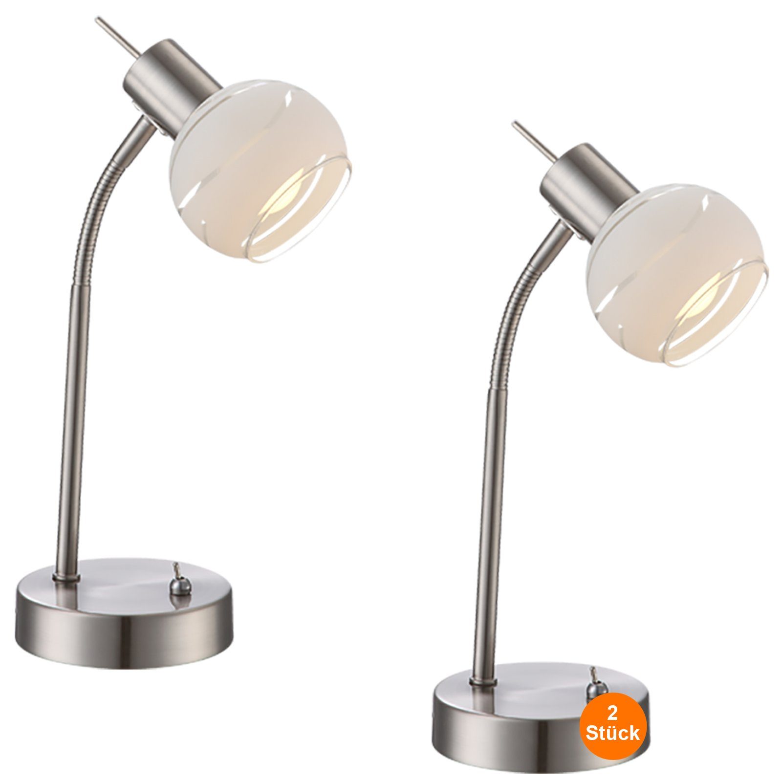 bmf-versand Tischleuchte Nachttischlampe 2er Set LED Schreibtischlampe  Silber Matt Metall Tischlampe Glas