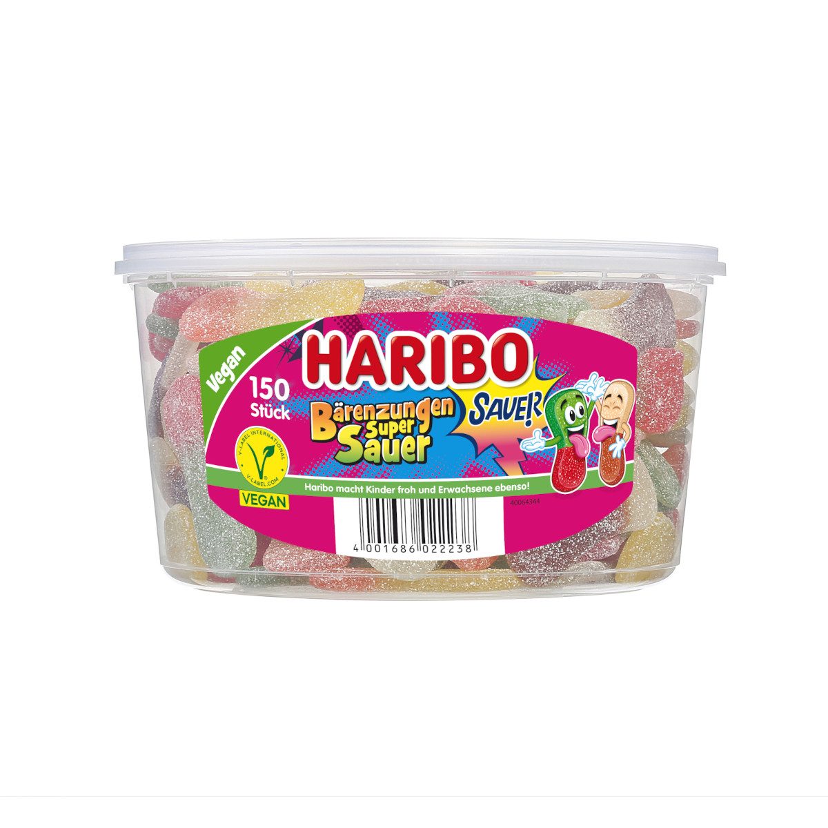 HARIBO Süßigkeit, Haribo Saure Bärenzungen 150 Stück Fruchtgummi Runddose 1350g