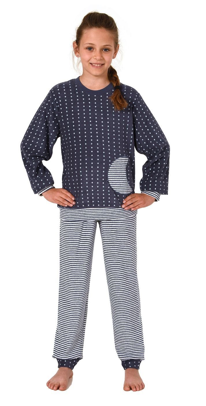 Normann Pyjama Mädchen Frottee Pyjama mit Bündchen, warmer Schlafanzug in Ringeloptik Tupfen