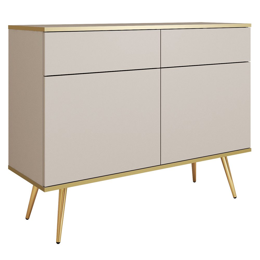 Lomadox Kommode OLOVO-160, Beige, goldfarbene Kanten, Metallbeine Goldfarben