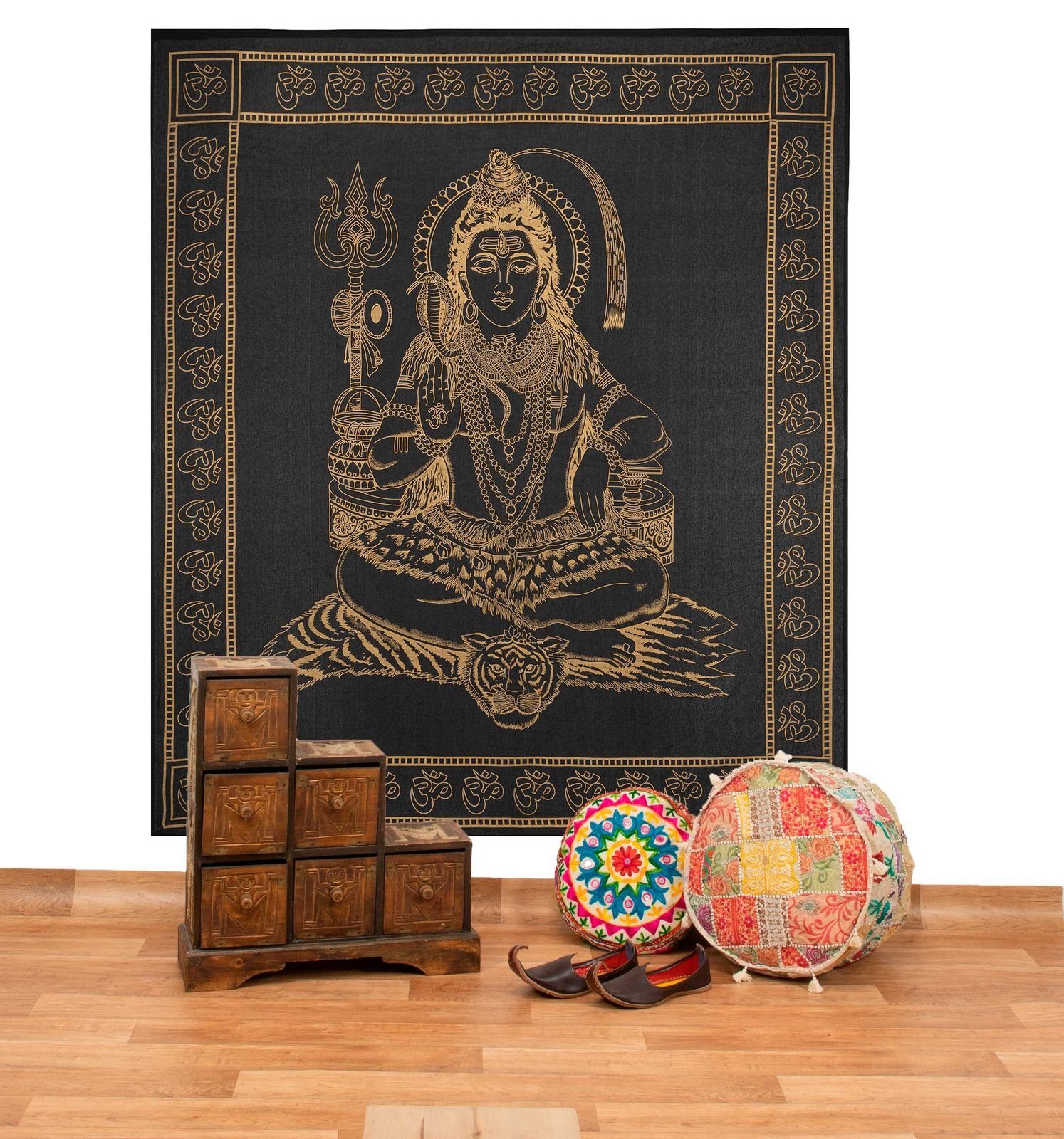 KUNST UND MAGIE Wandteppich Tagesdecke Wandbehang Deko Tuch Lord Shiva Gold ca. 200 x 230cm