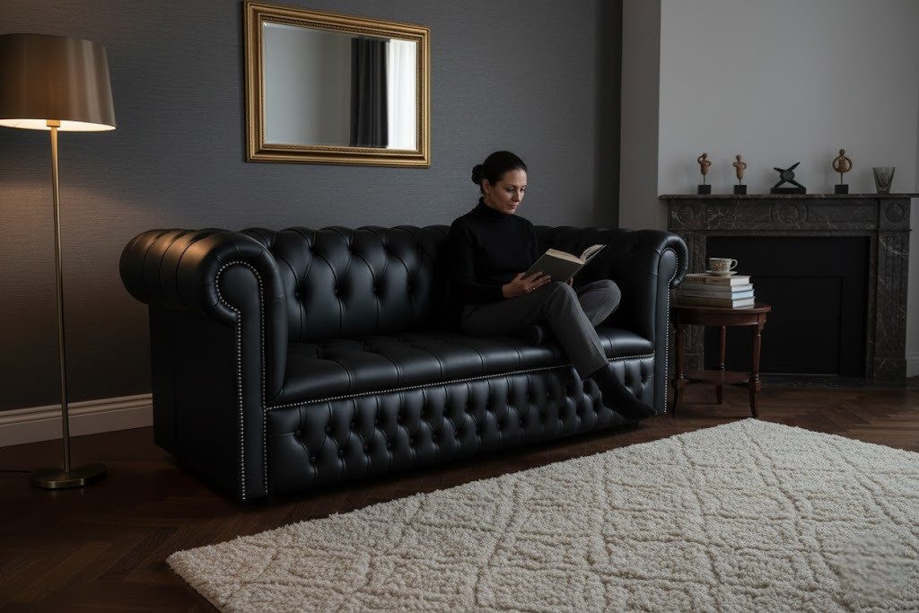 Xlmoebel Chesterfield-Sofa Polster XXL 3 Sitzer Schwarze Sofa Couch Big Sofas 100% Leder Sofort, Sofa 1 Teile, Hergestellt in Europa