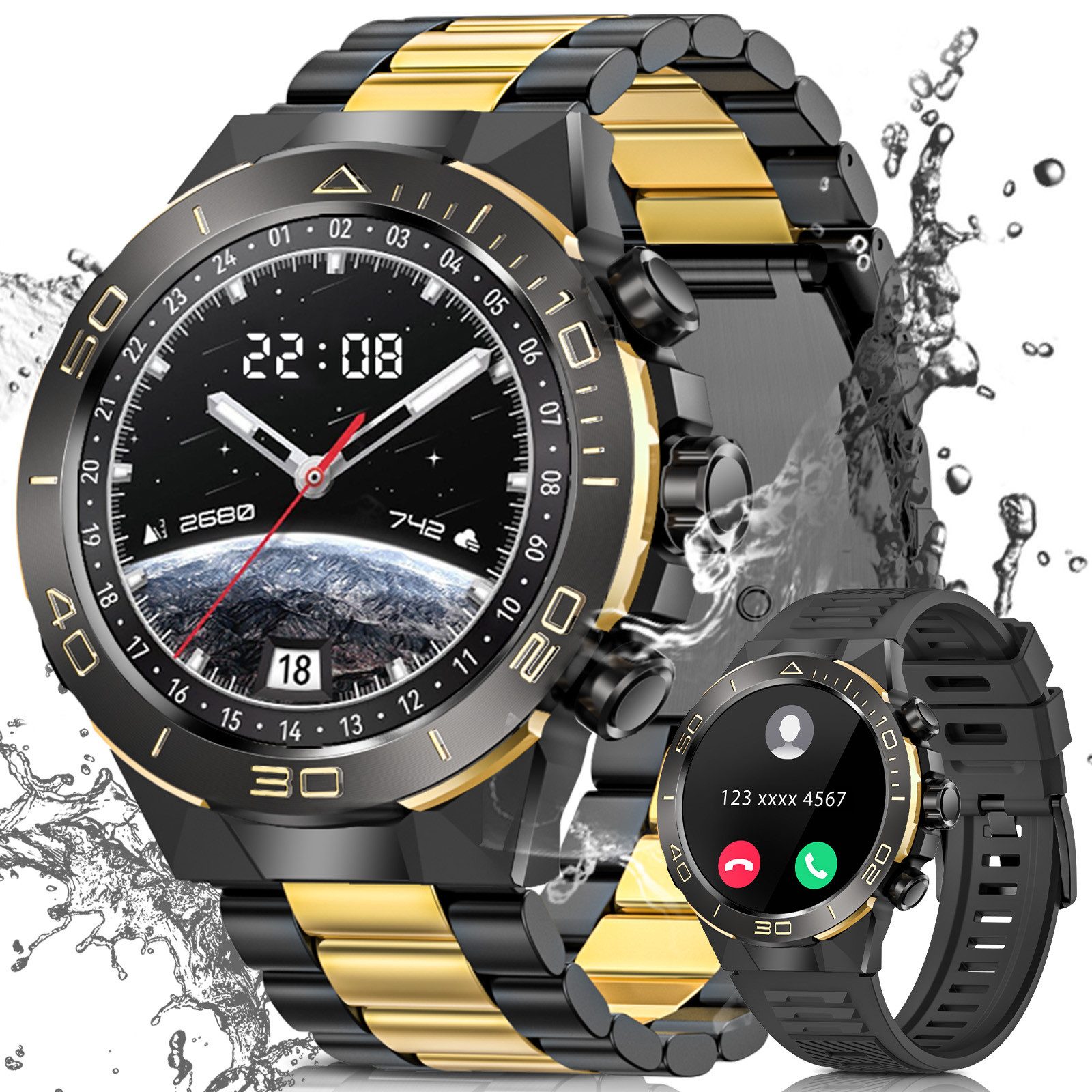 BANLVS 2025 Smartwatch für Herren in Militärqualität mit AMOLED-Display Smartwatch (3.63 cm cm/1,4 Zoll), Anruf, Herzfrequenz, Blutdruck, 107 Sportmodi, IP68, Android/iOS