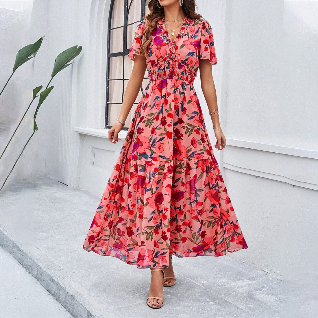 DEBAIJIA Dirndl Sommerkleid Damen Blumenmuster Kleid günstig online kaufen
