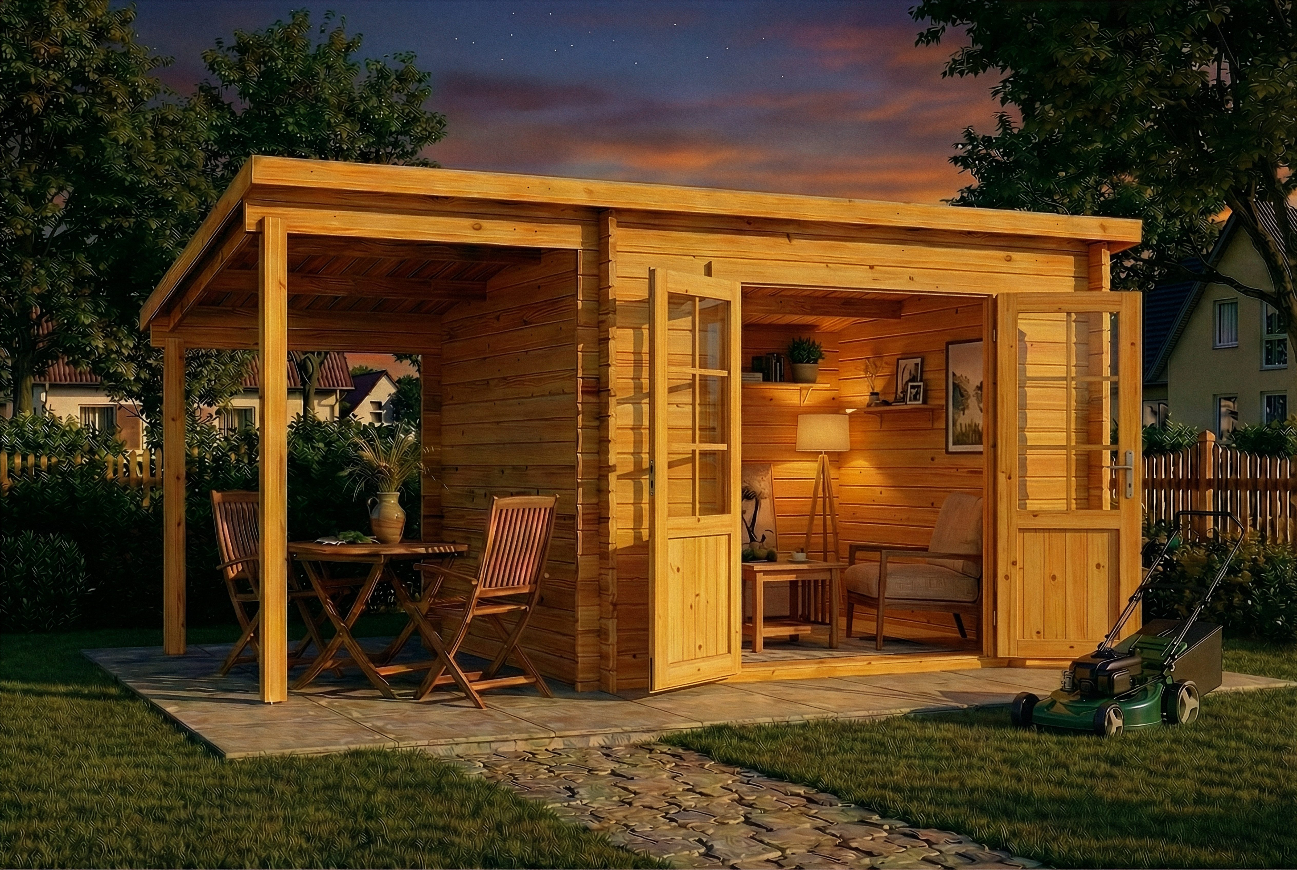 Alpholz Gartenhaus Holz Maria mit Schleppdach, BxT: 450x272 cm, in Imprägniert (Pinie) mit 28mm Wandstärke