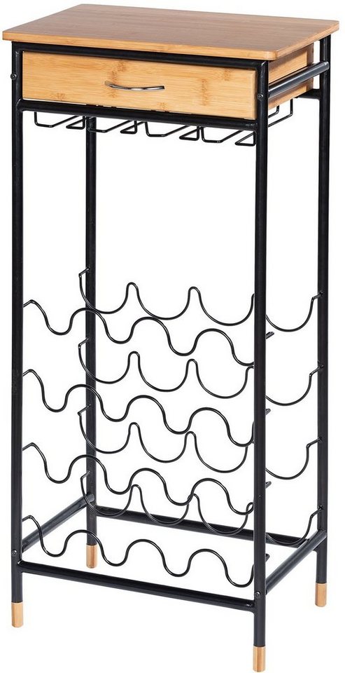WENKO Weinflaschenhalter Loft, für 16 Flaschen, Metall in Kombination mit  Bambus, 1 Schublade, Kombiniert mit Halterung aus schwarzem,  pulverbeschichtetem Metall