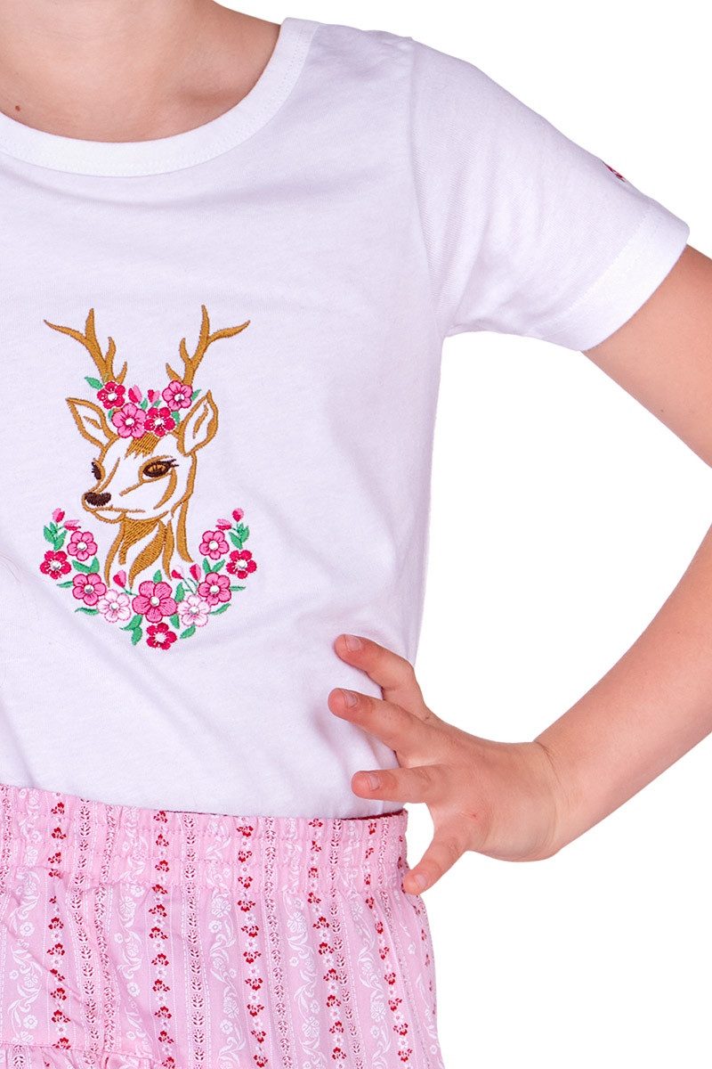 Isar-Trachten Trachtenbluse Trachtenshirt Kind - BLUMENREHLEIN - weiß/rosa