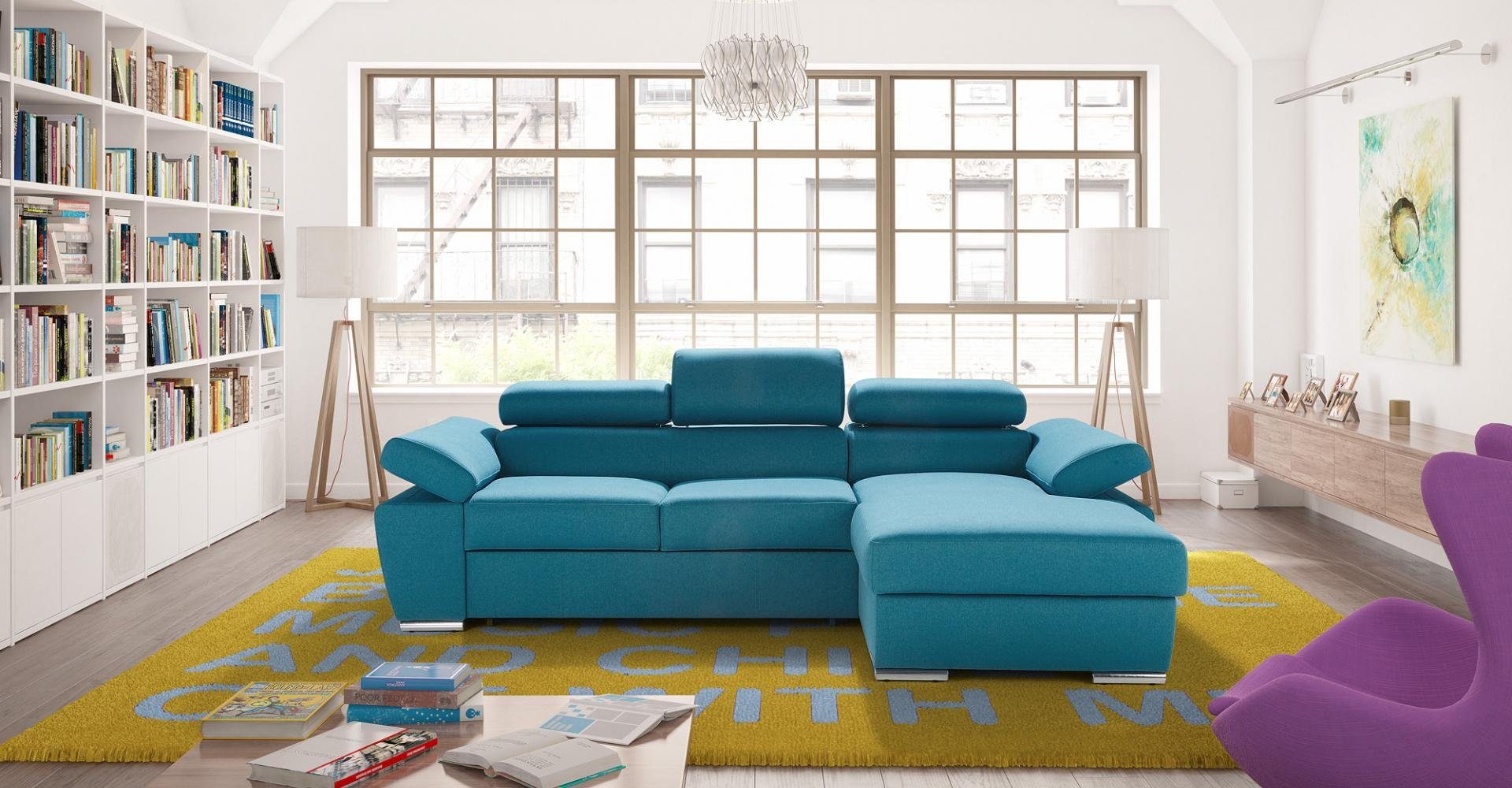 Design JVmoebel Stoff Europe Couch Ecksofa Polster Made Textil, Ecksofa Blau Bettfunktion L-Form in