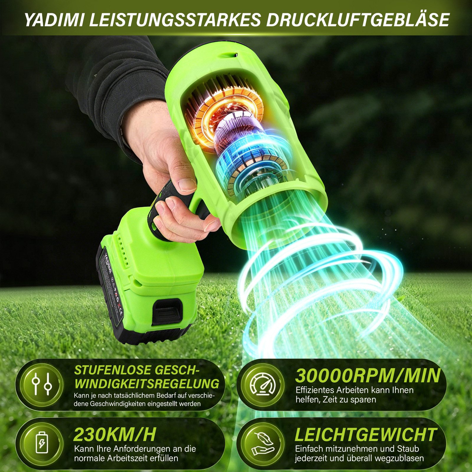 YADIMI Akku-Laubbläser BFJ-001, Elektrischer Laubbläser mit Akku und Ladegerät, (inkl. Akku und Ladegerät), Mit 21V-Akku & Ladegerät, leichter Gartenbläser für Terrassenpflege