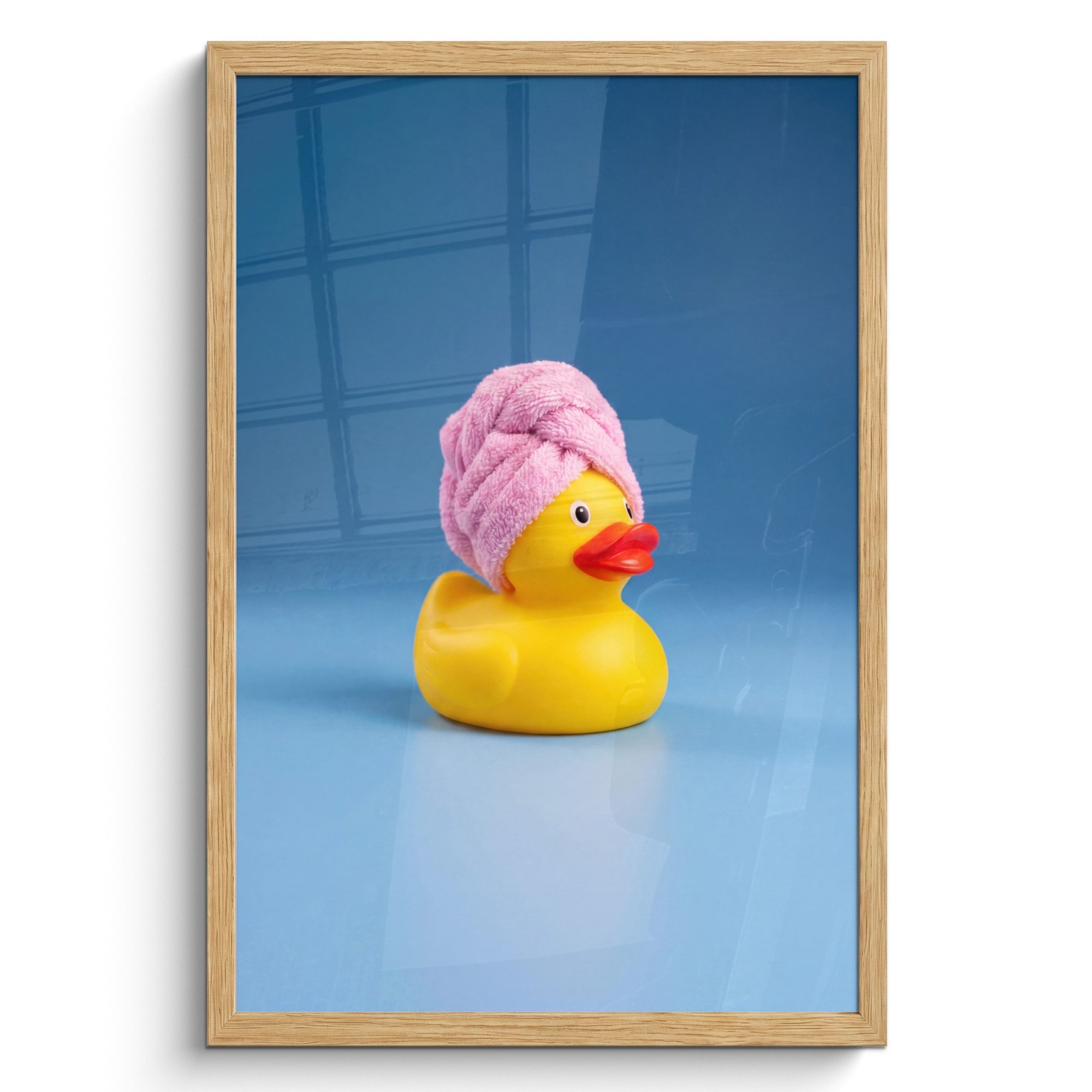 MuchoWow Poster Gummi-Ente - Handtuch - Blau, (1 St), Bilderrahmen Eiche, Wanddeko für Wohnzimmer, 40x60 cm