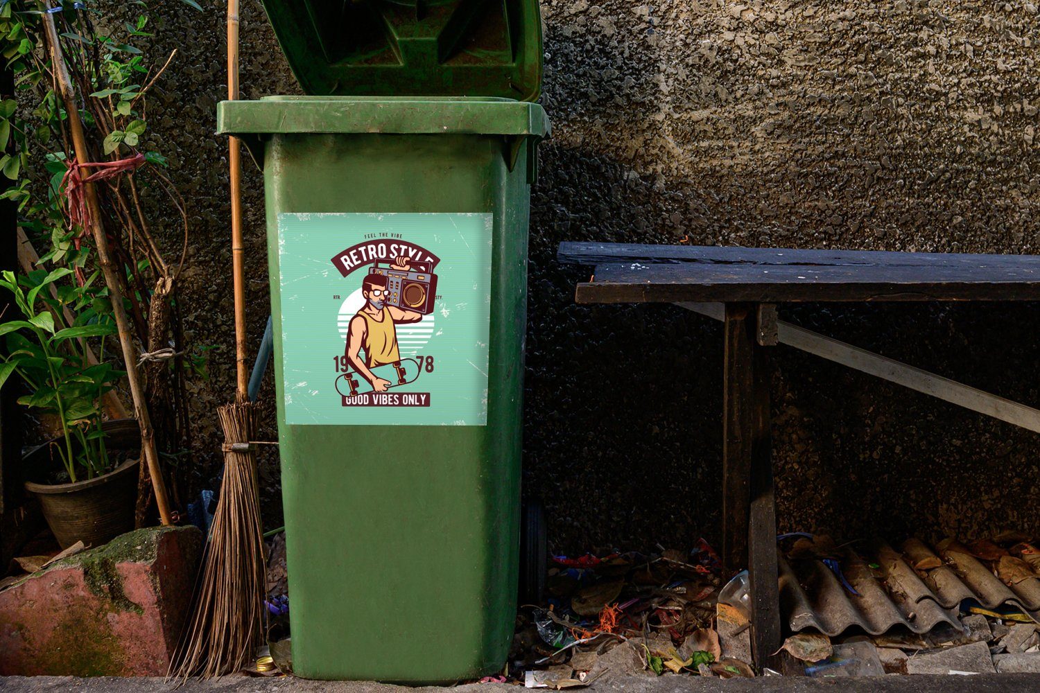Abfalbehälter Container, Mülltonne, Radio - Mülleimer-aufkleber, (1 - Mann St), Wandsticker - Skateboard MuchoWow Sticker, Retro