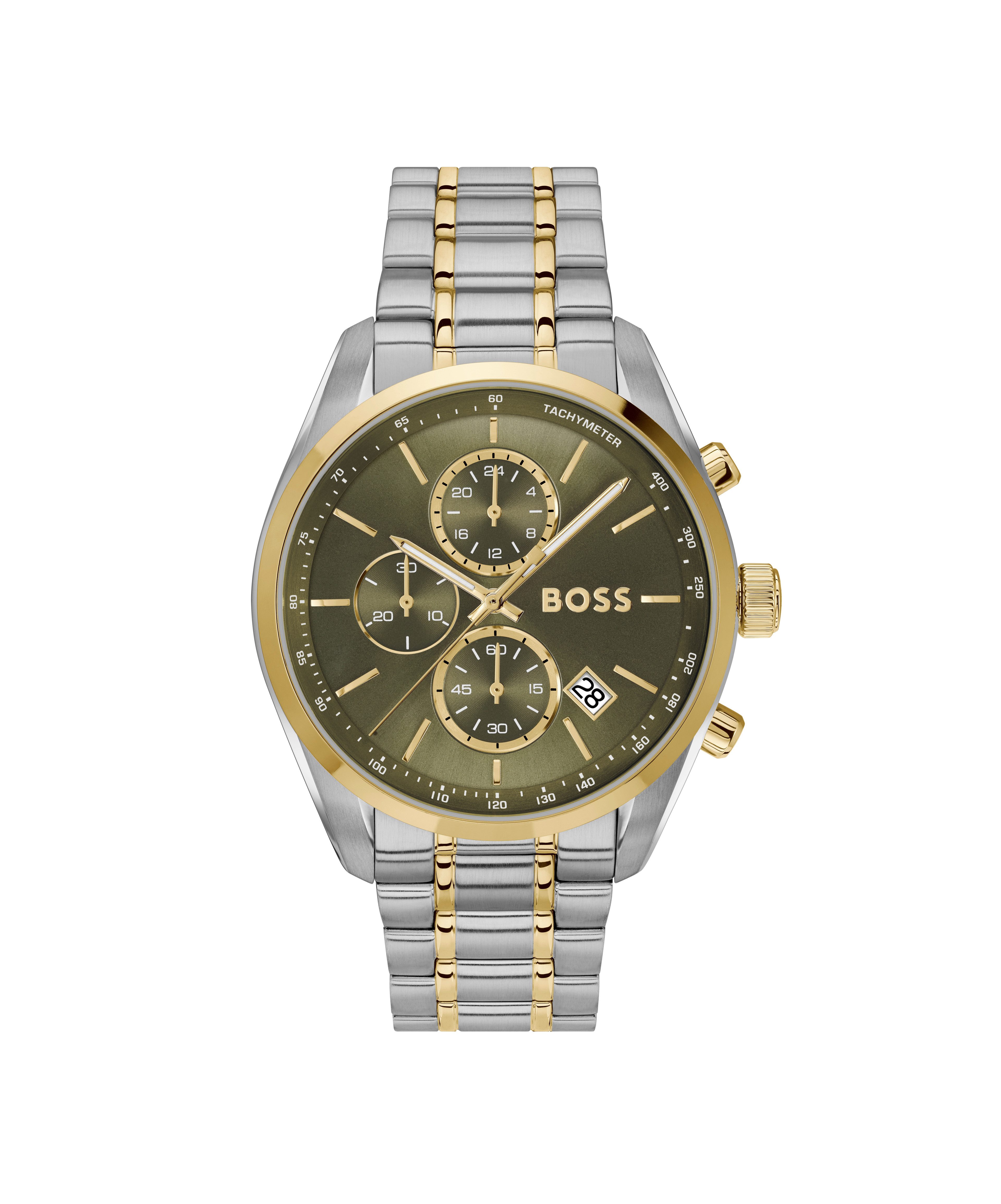 BOSS Chronograph GRAND PRIX 44 1514227, Quarzuhr, Armbanduhr, Herrenuhr, Edelstahlarmband, analog, Tag
