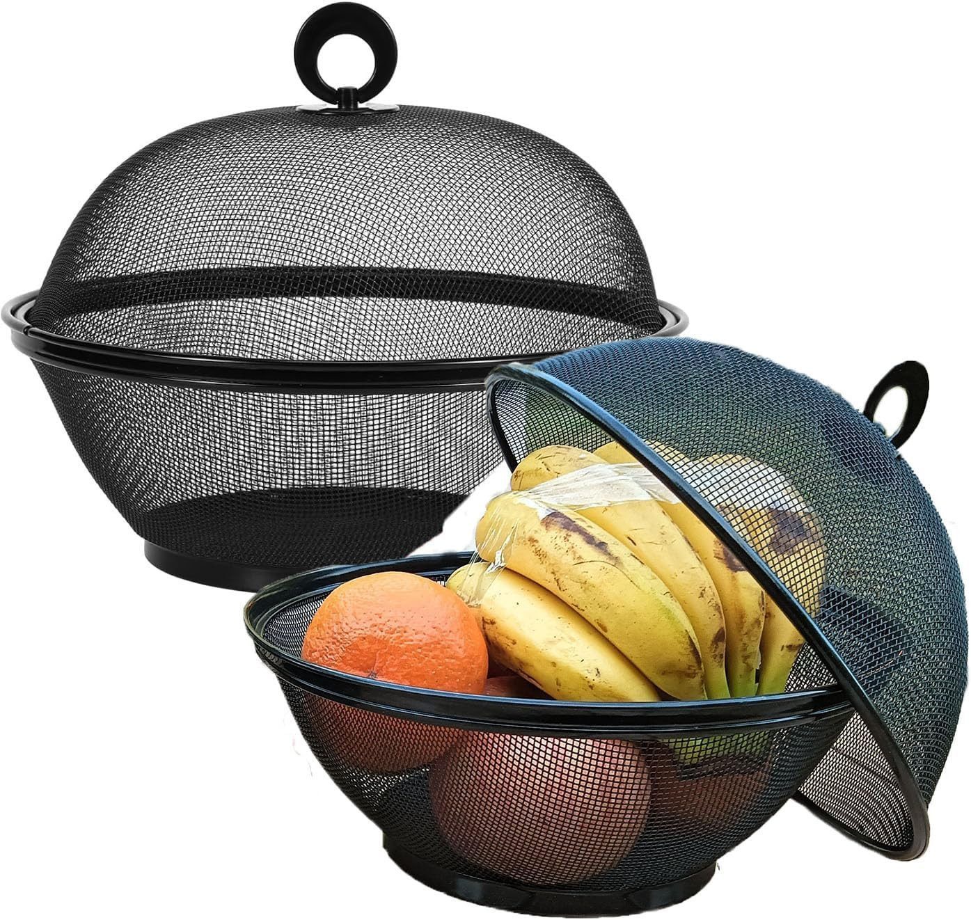 FELIXLEO Obstschale 2er Set Obstkorb mit Deckel Metall Schwarz Modern Fliegenschutz, (6-tlg)