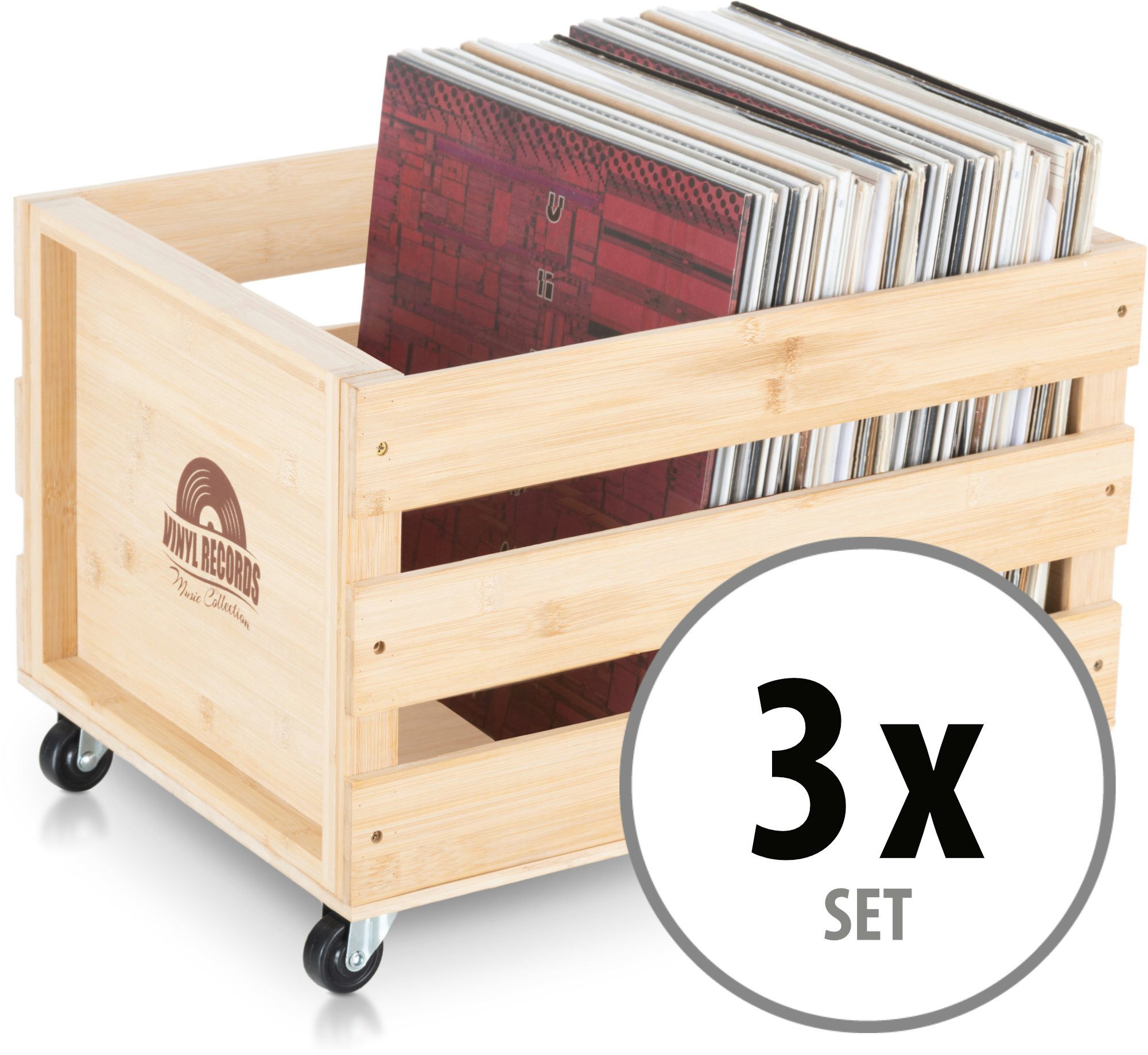 Stagecaptain Holzkiste SPKB-100 Schallplattenkiste "Emil" aus Bambus Natur 3x Set (3er Set), für bis zu 100 LPs - aus Vollholz im Retro-Design
