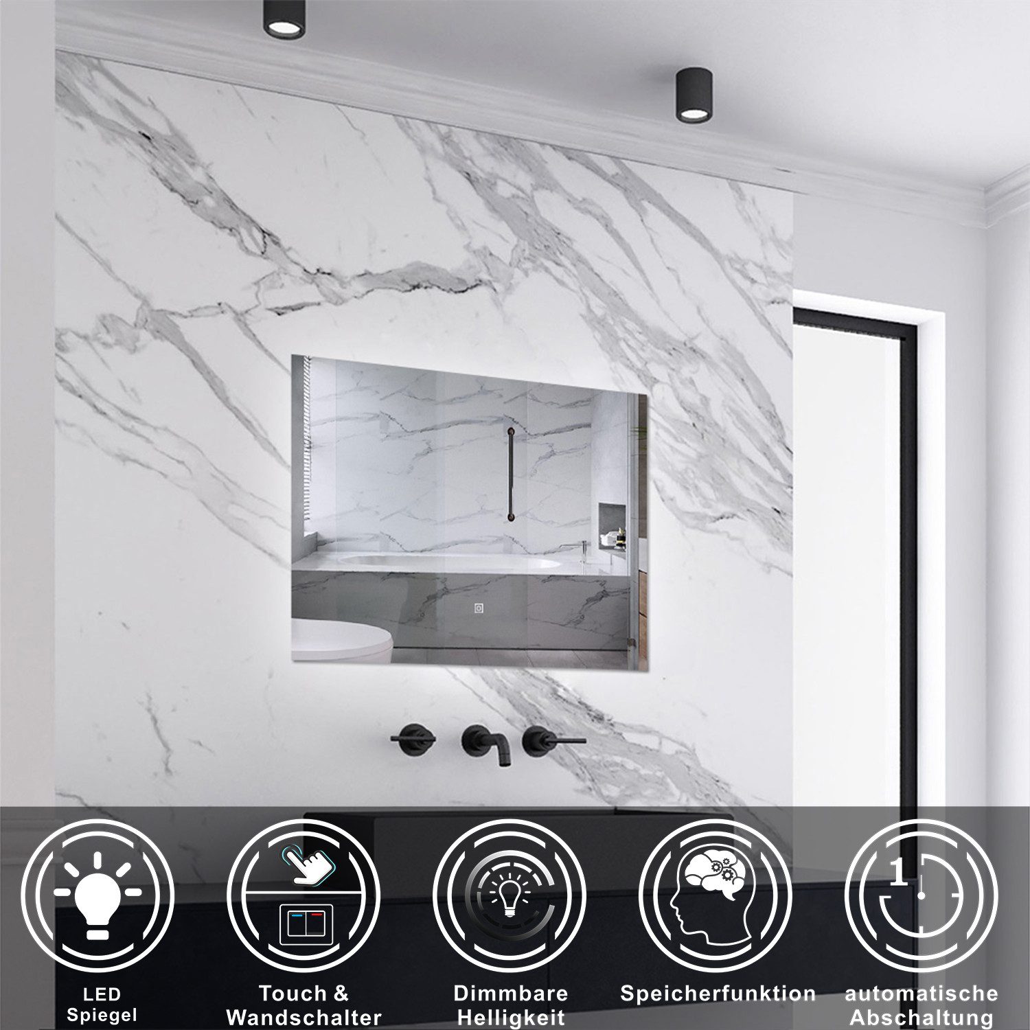Aica Sanitär Badspiegel Wandspiegel mit LED-Hinterleuchtung Kaltweiß Dimmbar, Touch/Wandschalter – Bild 2 von 5
