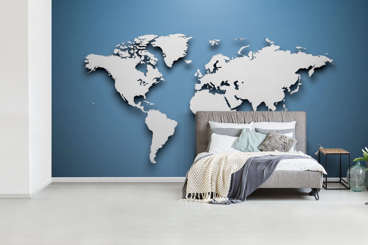 Weltkarte - Wohnzimmer Schlafzimmer - MuchoWow Matt, Fototapete St), - Einfach, für Blau (7 Vliestapete Weiß Fototapete Küche, bedruckt,