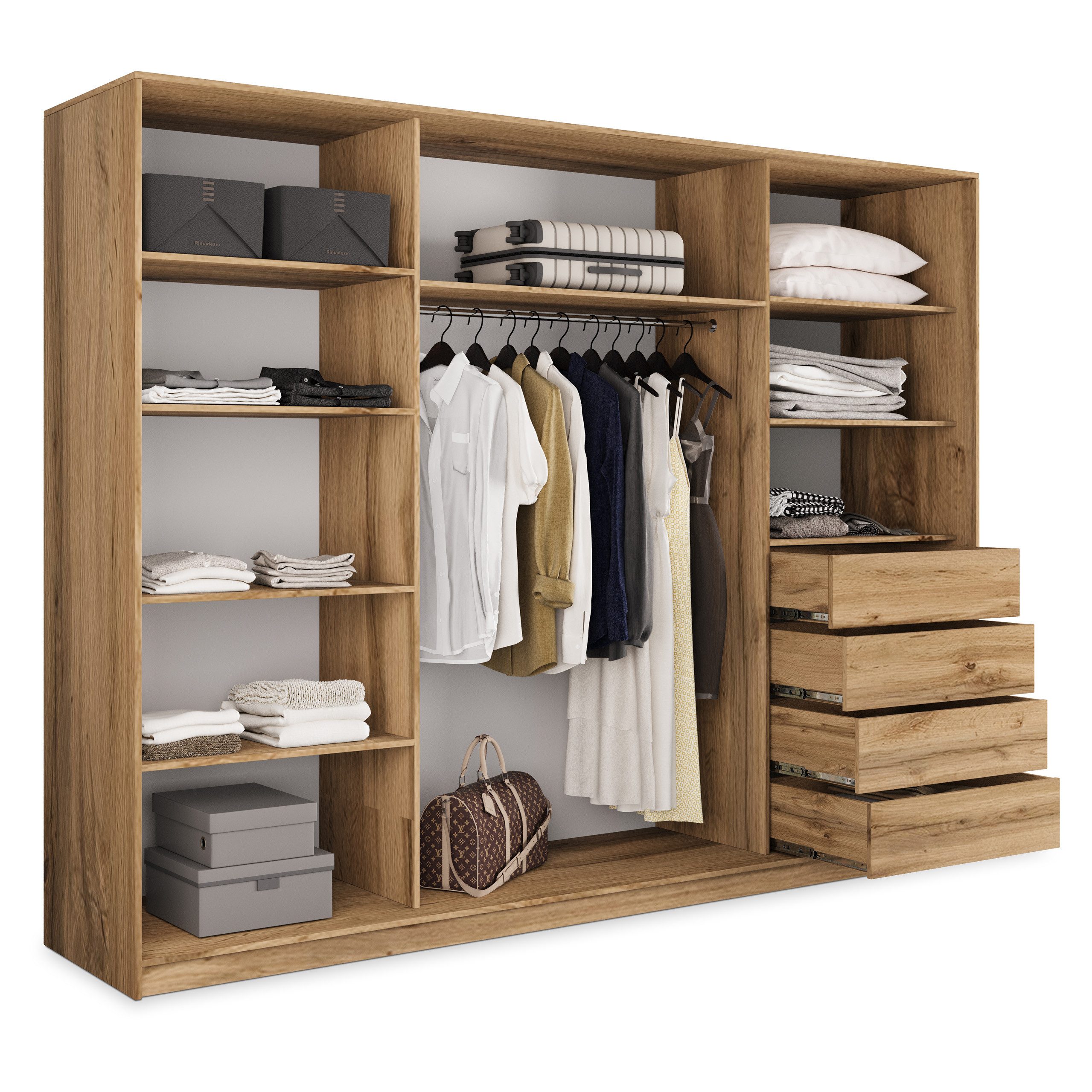 Masseno Schwebetürenschrank NATA 250 cm Kleiderschrank mit Spiegel 3 Türen Eiche Wotan