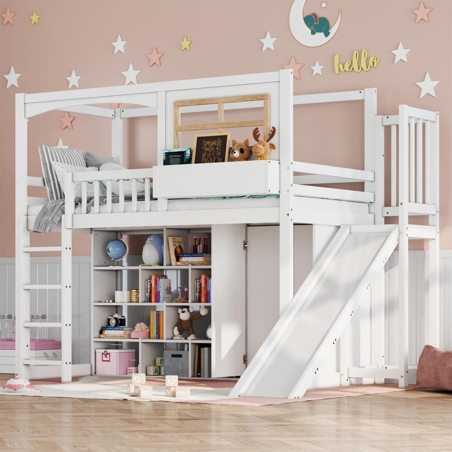 LuxusKollektion Spielbett Hochbett 90x200 cm mit Rutsche Kleiderschrank weiß