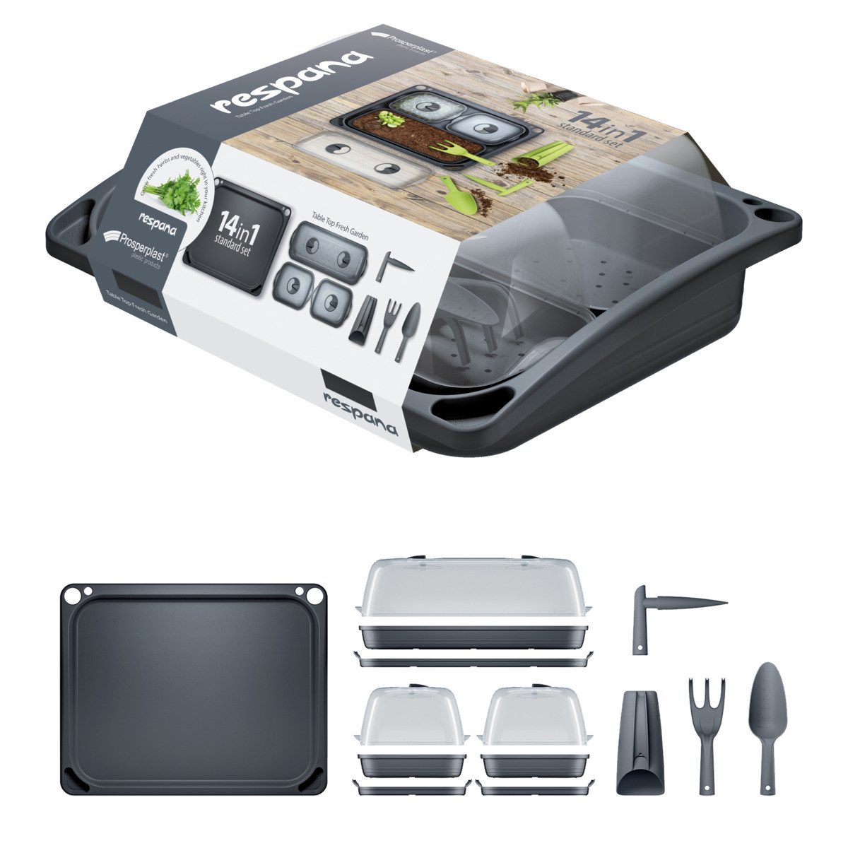 Prosperplast Gartenpflege-Set Respana Anzuchtschale 14in1 Starter-Set anthrazit