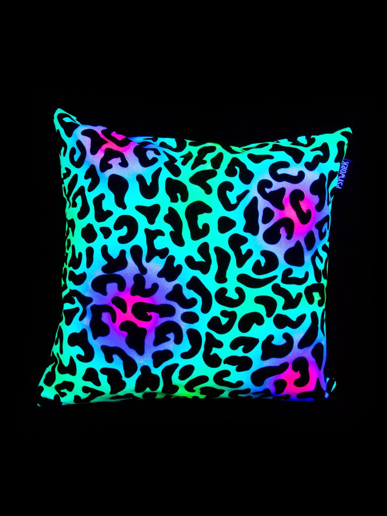 Kissen PSYWORK Neon 40x40cm, unter Schwarzlicht "Animal Dekokissen PSYWORK Print Leopard", UV-aktiv, leuchtet Schwarzlicht