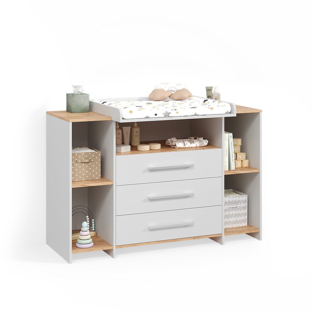Livinity® Wickelkommode Torino, Weiß/Goldkraft Eiche/Goldkraft Eiche, mit 3 Schubladen