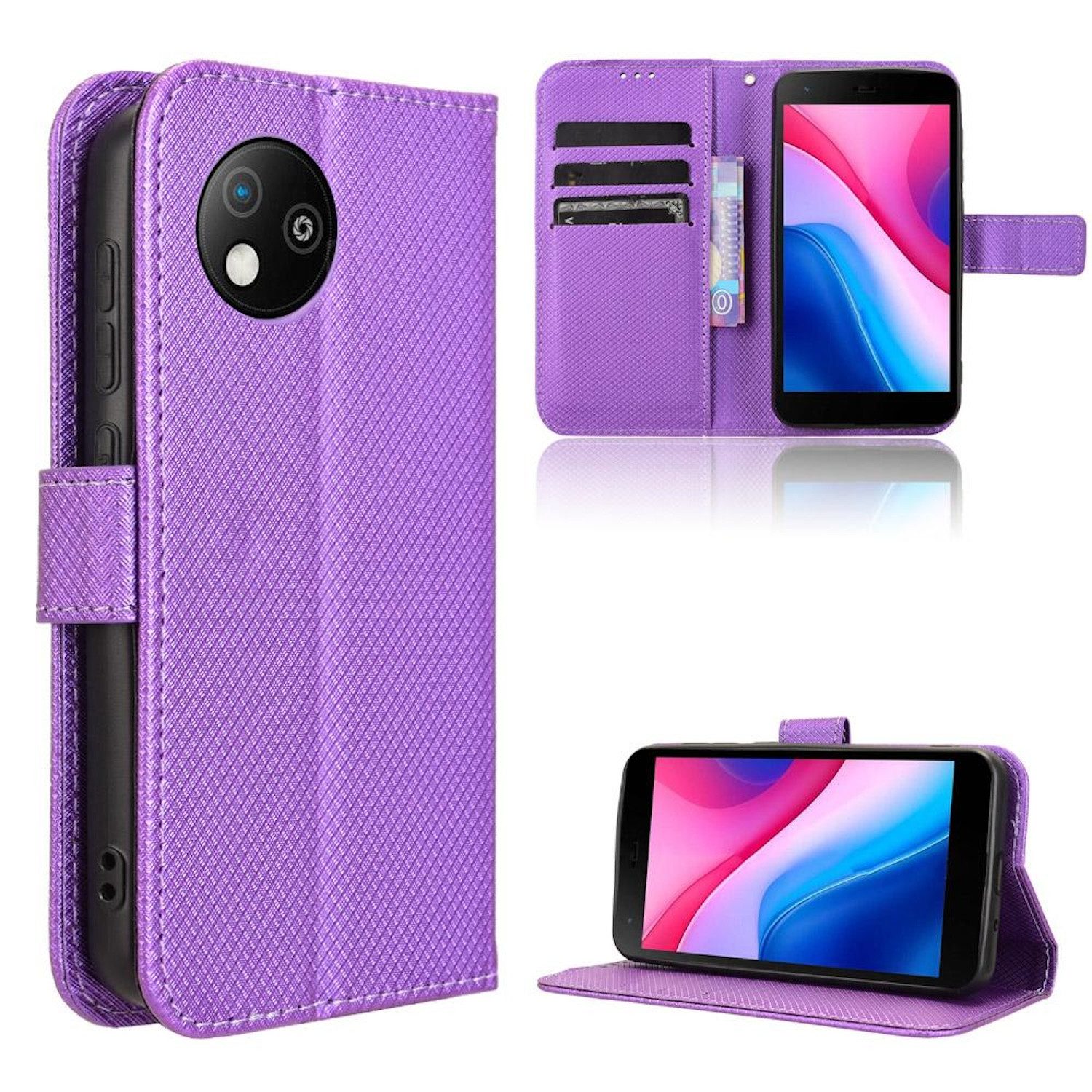 Wigento Smartphone-Hülle Für ZTE Blade A35 Lite Design Book Wallet Kunstleder Hülle Tasche Lila, Diamantstruktur Kunstleder Hülle mit Kartenfächern und Standfunktion