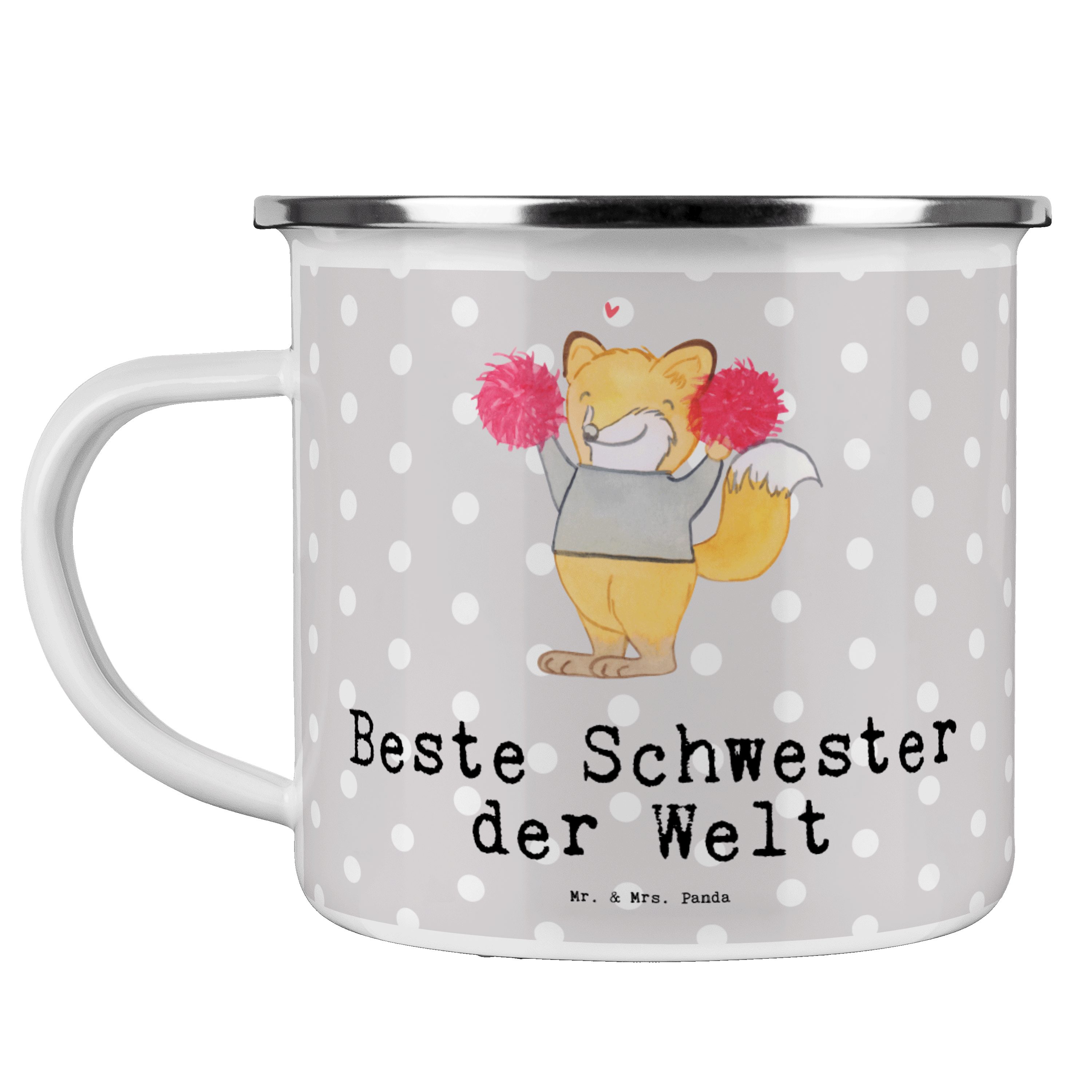 Mr. & Mrs. Panda Becher Fuchs Beste Schwester der Welt - Grau Pastell - Geschenk, Bedanken, S, Emaille | Becher