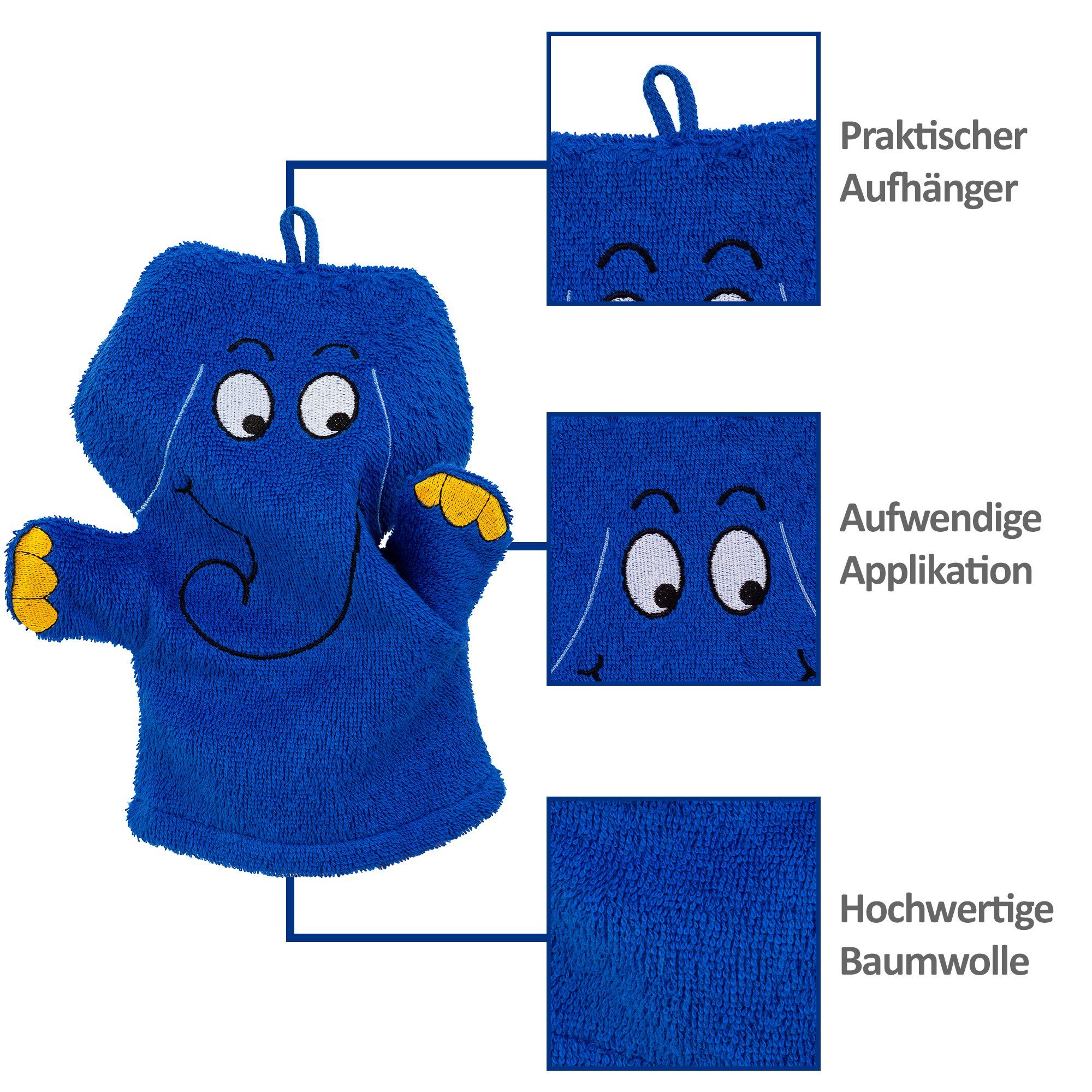 Smithy Waschlappen Waschhandschuh blauer (1-tlg), Elefant Applikation