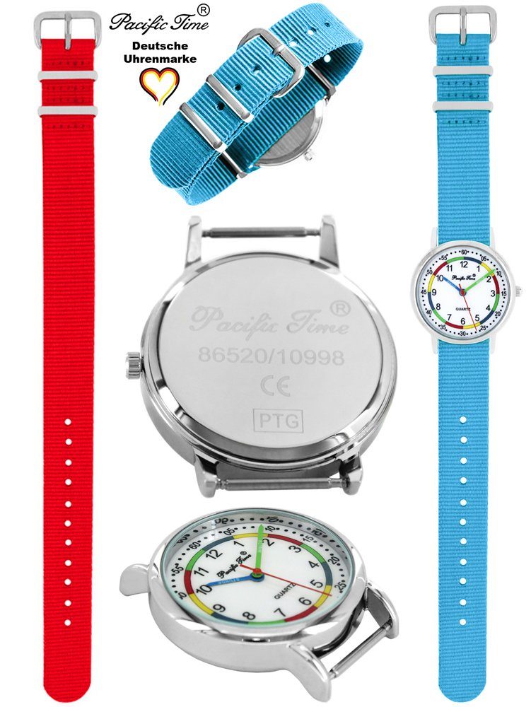 Pacific Time Quarzuhr First Wechselarmband, und - Set Kinder Versand hellblau Design rot Armbanduhr Mix Match Gratis Lernuhr und