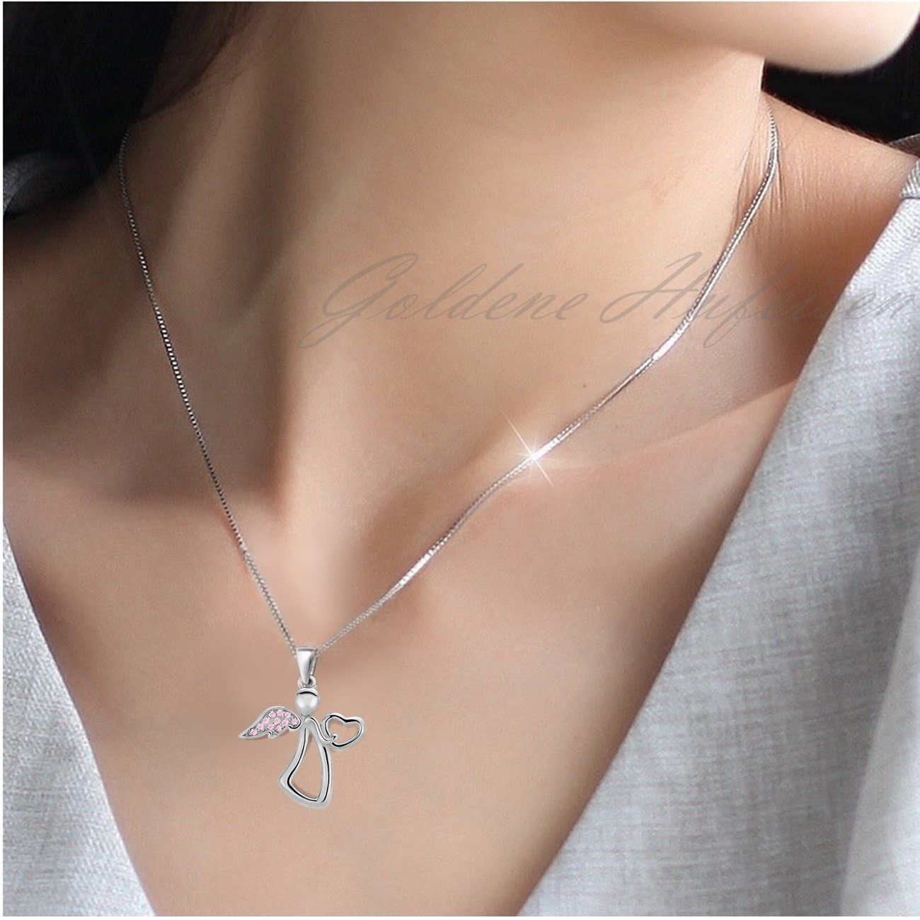 Goldene Hufeisen Kette mit Anhänger Engel Herz Schutzengel Anhänger mit Kette 925 Silber Engelkette (2-tlg, inkl. Etui), Anlass Geburtstag, Geschenke für Mädchen, Damen