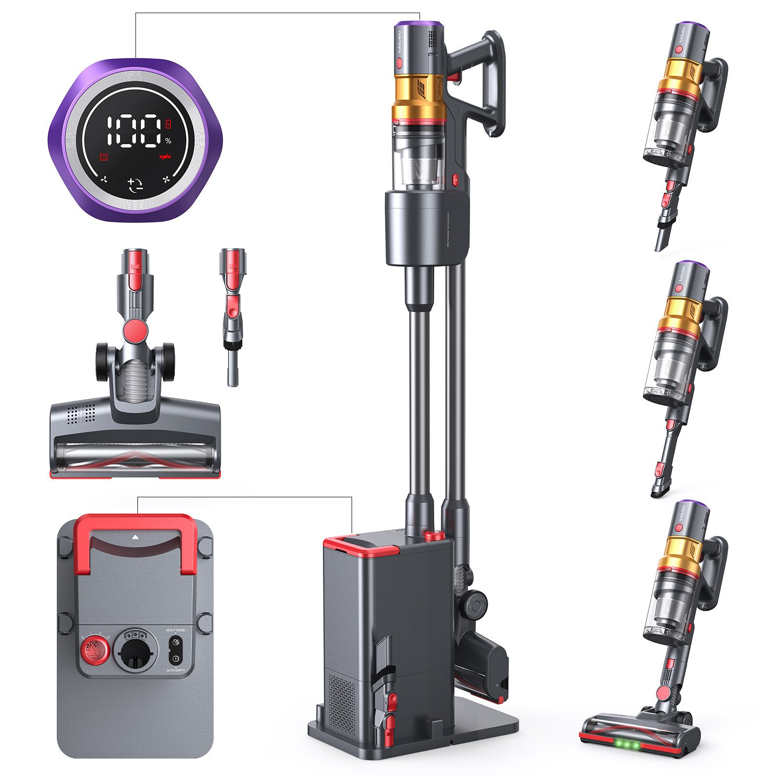 lubluelu Akku-Hand-und Stielstaubsauger X1000 Kabelloser Akku Staubsauger mit 2,5L Absaugstation, 400 W, mit Beutel, 60 Min.,LED Beleuchtung, mit Auto Empty Funktion und Duftbox