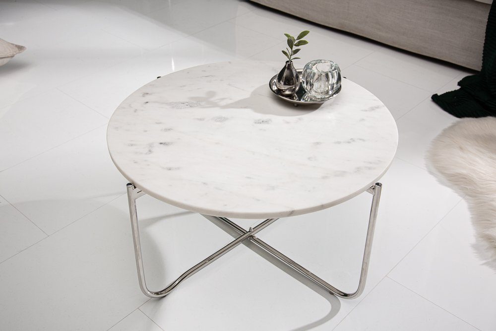 riess-ambiente Couchtisch NOBLE Ø65cm weiß / silber (Einzelartikel, 1-St), Wohnzimmer · rund · abnehmbare Marmor-Tischplatte · Metall · handmade
