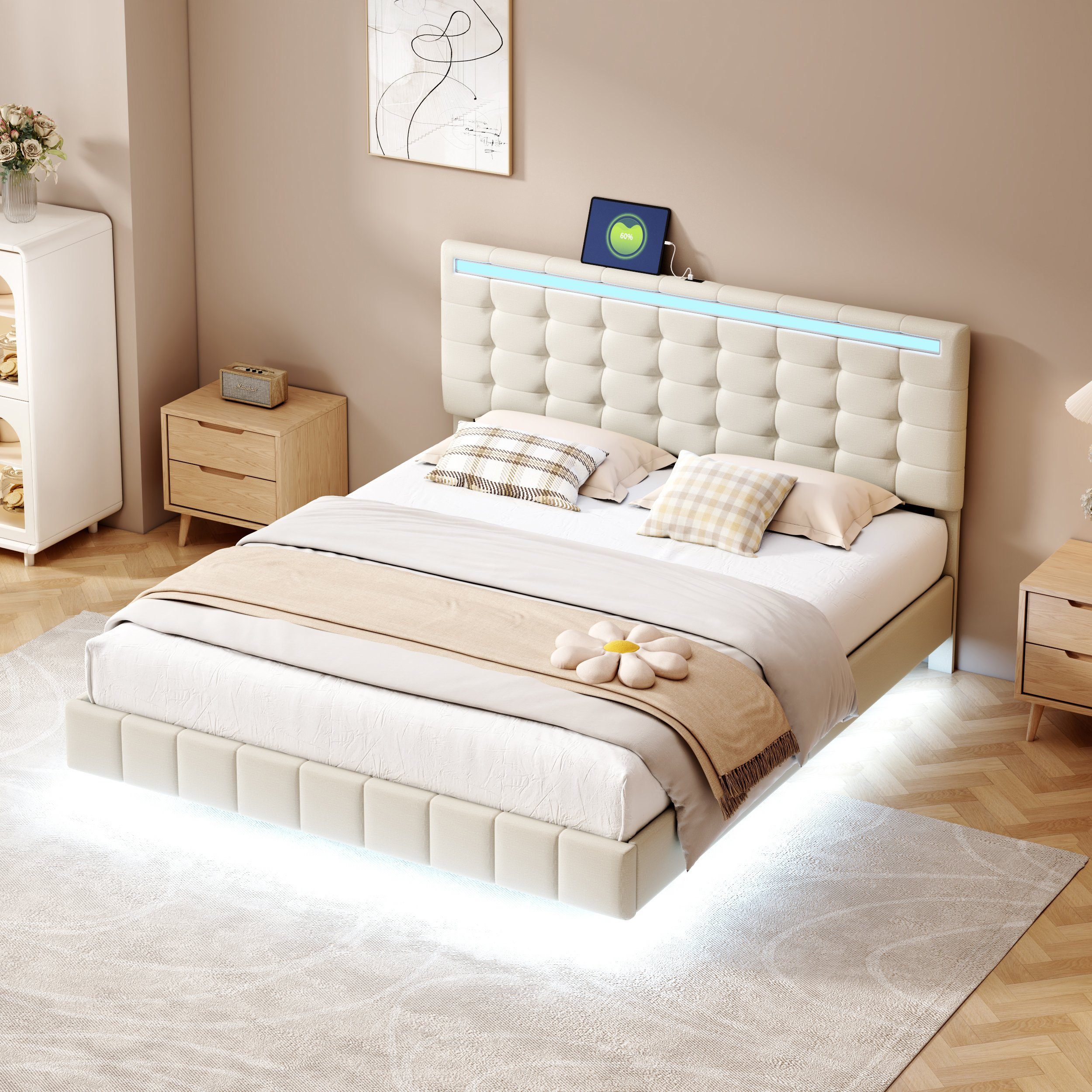Flieks Polsterbett, LED-Beleuchtung Doppelbett Schwebebettrahmen 160x200cm günstig online kaufen