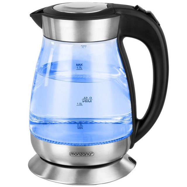 Deuba Wasserkocher, 1.7 l, 2200 W, LED Kabellos Glas Edelstahl Küche Teekocher Kalkfilter BPA Frei Überhitzungsschutz 360 Grad Basis