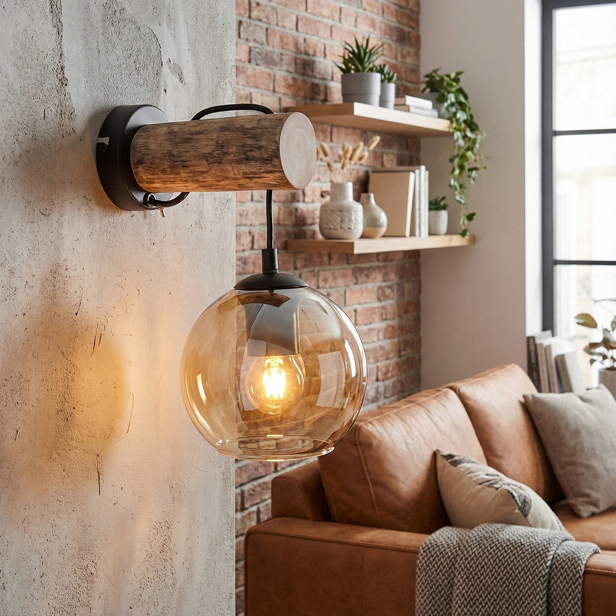 hofstein Wandleuchte Wandlampe aus Metall/Holz/Glas in Schwarz/Natur-/Bernsteinfarben, moderne Wandleuchte im Retro-Design (15cm), Schalter am Gehäuse, E27