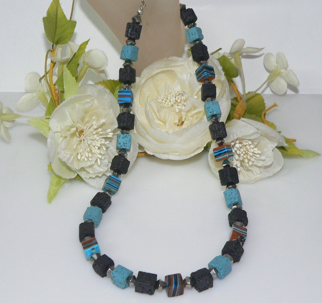 traumschmuck Kette ohne Anhänger 112b Halskette Würfel Malachit mehrfarbig türkis schwarz Lava schwarz (Geschenk, Muttertag, Weihnachten, Geburtstag, Valentinstag, incl. Schmuckbox), handgefertigt, Made in Germany