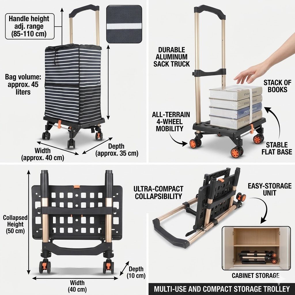 P & K Sackkarre 2in1 Einkaufstrolley & Sackkarre – faltbar, 360° Rollen, Alu-Gestell – Bild 4 von 4