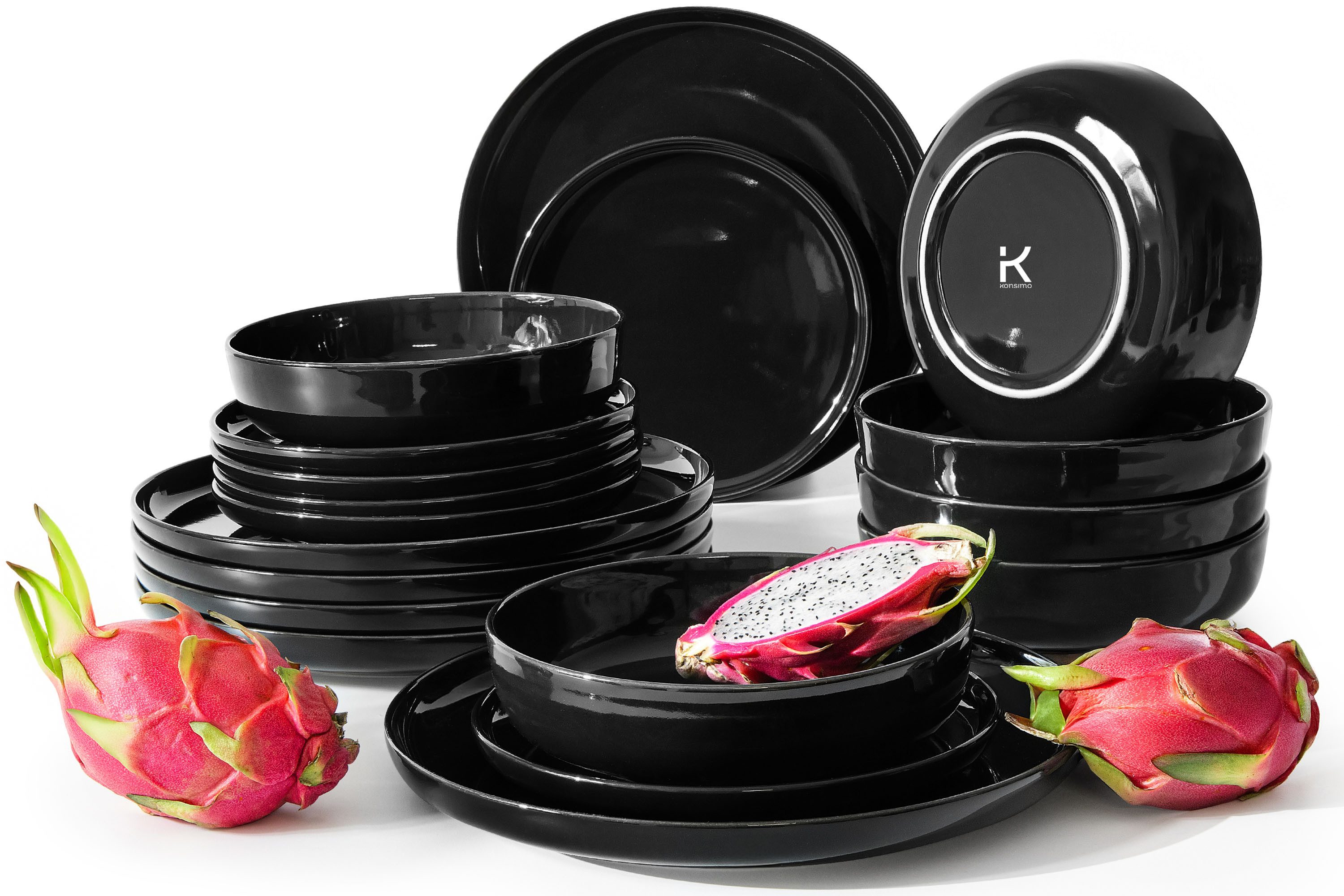 KONSIMO® Tafelservice VICTO Geschirrset hergestellt in der EU (18-tlg), 6 Personen, Steingut, spülmaschinengeeignet, mikrowellengeeignet, glänzend, rund